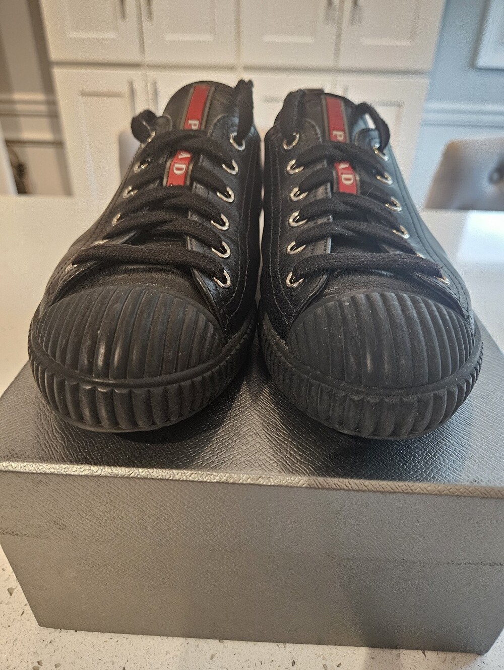 Prada Women Black Leather Sneakers with Red Logo Tongue - Picture 3 of 8